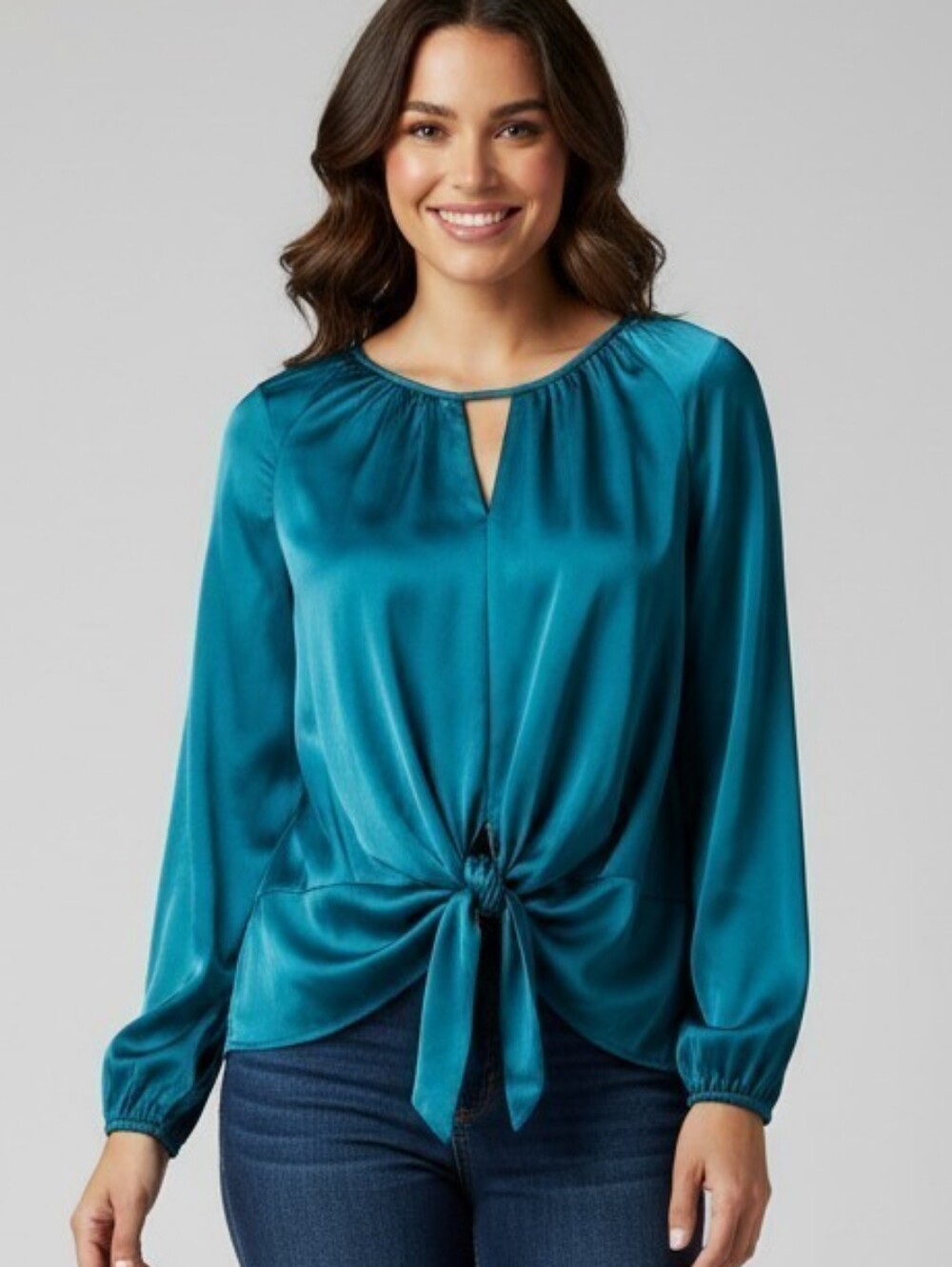 INC International Concepts Teal Satin Keyhole Knot-Front Blouse